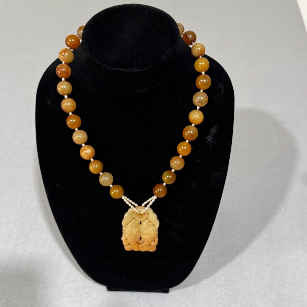 Vintage Chinese Export Necklace Women Honey Jade Pearl Carved Double Fish Silver